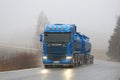 Blue Scania R580 Tank Truck on Foggy Road Royalty Free Stock Photo