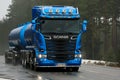 Blue Scania R580 Tank Truck in Foggy Weather Royalty Free Stock Photo