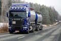 Blue Scania R580 Tank Truck on the Road on Frosty Morning Royalty Free Stock Photo