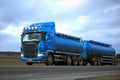 Blue Scania R500 Tank Truck on the Road