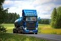 Blue Scania R500 Tank Truck on the Road at Summer