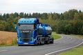 Blue Scania R580 Tank Truck Trucking in Autumn Royalty Free Stock Photo