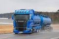 Blue Scania R580 Tank Truck on Winter Highway Royalty Free Stock Photo