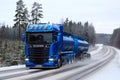 Blue Scania Tank Truck on Winter Road Royalty Free Stock Photo