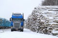 Blue Scania V8 Logging Truck at Snowy Railway Timber Yard