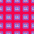 Blue Scanner scanning bar code icon isolated seamless pattern on red background. Barcode label sticker. Identification