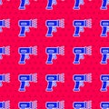 Blue Scanner scanning bar code icon isolated seamless pattern on red background. Barcode label sticker. Identification