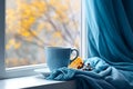 Blue scarf blue mug nature. Generate Ai Royalty Free Stock Photo