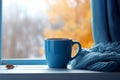 Blue scarf blue mug view. Generate Ai Royalty Free Stock Photo