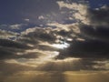 Blue scenic dramatic sky with clouds, Abstract nature background. Sun rays