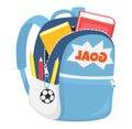 Blue school backpack books, pencils, soccer ball keychain. Education essentials students back Royalty Free Stock Photo