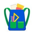 Blue school backpack with green pockets. Vector illustration on a white background. Royalty Free Stock Photo