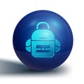 Blue School backpack icon isolated on white background. Blue circle button. Vector Royalty Free Stock Photo