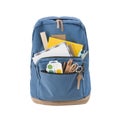 Blue school backpack with various supplies isolated on white background Royalty Free Stock Photo