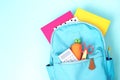 Blue school bag,backpack with accessories empty space Royalty Free Stock Photo