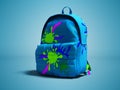 Blue school bag backpack with spots right view 3d render on blue Royalty Free Stock Photo