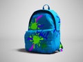 Blue school bag backpack with spots right view 3d render on gray Royalty Free Stock Photo