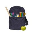 Blue school bag Contains watercolor ruler color pencils, Royalty Free Stock Photo