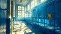 Blue school lockers lining a sunlit corridor, empty educational facility. Quiet hallway, serene school scene with Royalty Free Stock Photo