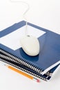 Blue school textbook and computer mouse Royalty Free Stock Photo