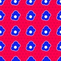 Blue Scrambled egg icon isolated seamless pattern on red background. Home cooked food, fried egg, healthy breakfast Royalty Free Stock Photo