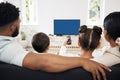 Blue screen, chroma key tv with a relax family watching and enjoy streaming movies, series and entertainment copy space