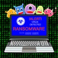 Blue screen laptop infected ransomware virus with virus cartoon