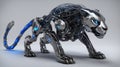 blue screen robot toy half panther half robot with torn skin showing robot underneath, A metal cyborg panther