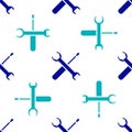Blue Screwdriver and wrench spanner tools icon isolated seamless pattern on white background. Service tool symbol