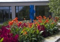 Lauritzen Gardens, Omaha, Nebraska, exterior gift shop, with large Cana lilies and other flowers