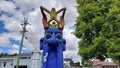 Blue sculpture stands prominently near the banks of the Meander River