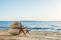 Blue Sea on Background Selective focus, zen stones on sea beach, meditation, spa, harmony, calm, balance concept Royalty Free Stock Photo