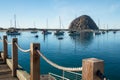 Blue sea with beautiful yachts and Morro Rock at Morro Bay, California