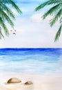 Blue sea with birds in sky, beach with stones and palm leaves. Art illustration watercolor painting Royalty Free Stock Photo