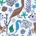 Blue sea life seamless repeat pattern with light blue background