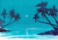 Blue sea night scene coconut trees reflection watercolor hand drawn artwork Royalty Free Stock Photo