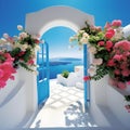 Blue sea and pink flowers. Beautiful landscape of Santorini island, Greece Royalty Free Stock Photo