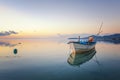 Blue sea at sunset, boat fishing Shore landscape bay. Summer scenery. Blue water.