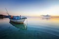 Blue sea at sunset, boat fishing Shore landscape bay. Summer scenery. Blue water.