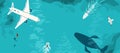 Blue sea surface from above vector illustration banner background. Top view above ocean with boats, airplane, whale and