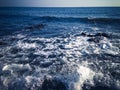 Blue Sea Surging Wave Panorama In The Morning At Umeanyar Village