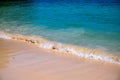 Blue sea water and white beach on sunny day. Tropical island paradise photo. Clear seawater tide on smooth sand