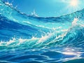 Blue sea wave background with sun rays. Royalty Free Stock Photo