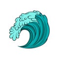 Blue sea wave with black outline. Stormy ocean water. Marine theme. Vector element for promotional poster of beach party