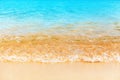 Blue sea wave splash closeup, ocean tide, turquoise water, white foam, golden yellow sand, sunny tropical island beach nature Royalty Free Stock Photo