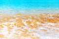 Blue sea wave texture close up, turquoise ocean, transparent water surface, white foam, golden yellow sand, tropical island beach Royalty Free Stock Photo