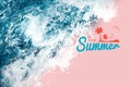 Blue sea wave water on pink white background Beautiful Tropical Empty Beach and Sea Waves Seen top view template text lettering he