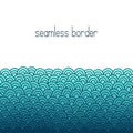 Blue sea waves border. Doodle seamless background. Hand drawn pattern.