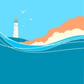 Blue sea waves with lighthouse.Vector nature poster