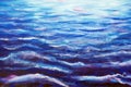 Blue sea waves at night - oil painting Royalty Free Stock Photo